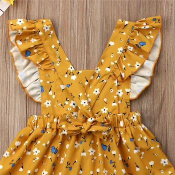 Copilul galben fete florale rochie de vară fără mâneci pătrat guler plisată moda rochii fara spate floare de imprimare sundress copil