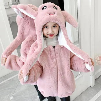 Drăguț Bunny Forma Fetelor de Toamna/Iarna Îmbrăcăminte 2020 Pulover de Lână Haina Caldă pentru Copii cu Capișon Lână Căptușit Haină la Modă pentru copii între 4-12 Ani