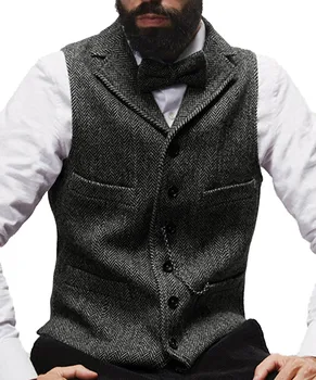 Costum barbati, veste barbati maro negru vesta vesta om steampunk jacheta cu dungi tweed v-neck slim fit gilet homme îmbrăcăminte nunta