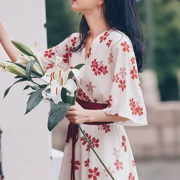 Noul Retro Rochie De Șifon Vară 2020 Femei Talie Mare Stil Chinezesc Arc Jumătate Maneca De La Jumătatea Vițel Rochie De Imprimare Florale De Îmbrăcăminte De Modă