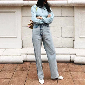 Vintage Albastru Spălate Denim Blugi Femei Pantaloni Casual Singur Pieptul Denim Pantaloni Largi Cu Talie Înaltă Streetwear Femininas 2019