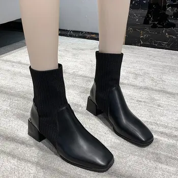 Femeile Chelsea Șosete Cizme Elegante Femeie Toc Pătrat Botine Pantofi Femei Pantofi Casual Office Alunecare pe Design Nou Zapatos De Mujer