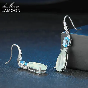 LAMOON S925 Picătură Cercei Pentru Femeile Naturale Lacrimă Prehnite Blue Topaz Argint 925 de Bijuterii de Partid Bijuterii LMEI056