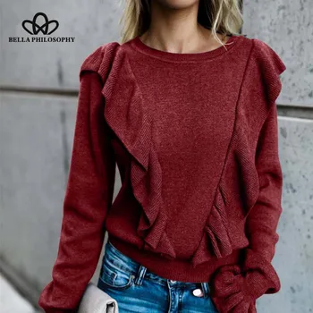 Bella Filosofie Casual cu Mâneci Lungi O-Gât Pulovere Ruched Flare Sleeve pulovere Volane Feminine ElegantSweater Sus 2019