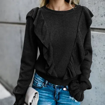 Bella Filosofie Casual cu Mâneci Lungi O-Gât Pulovere Ruched Flare Sleeve pulovere Volane Feminine ElegantSweater Sus 2019