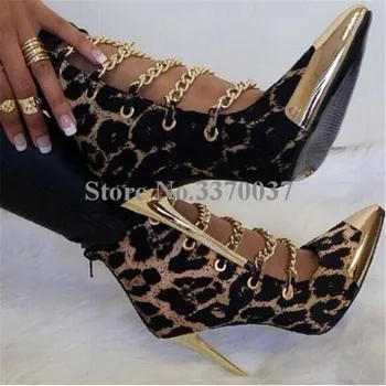 Femei De Moda De Metal De Aur A Subliniat Toe Leopard De Brevete Din Piele Glezna Cizme Toc Stilet Glezna Cizme Cu Toc Înalt Pantofi Rochie