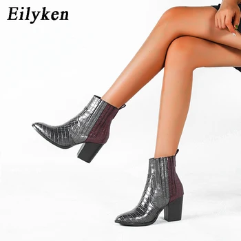 Eilyken Femei Negru Glezna Cizme de Piele Pu cu Toc Înalt Pantofi Femei Toamna Pătrat Tocuri Platforma Cizme Rotund Toe dimensiune 36-43