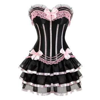 Sexy dantela roz corsete pentru fata plus dimensiune costume overbust burlesc corset si fusta set tutu corselet corset victorian