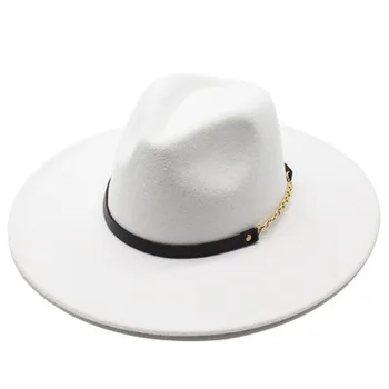 Fedora hat pentru femei big refuz 9.5 cm solid de metal lanț curea femei pălării de iarnă de toamnă kaki alb de nunta oficială a bisericii felted pălărie nouă