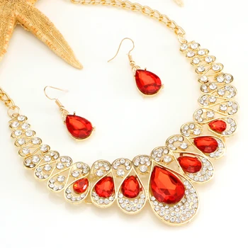 Femeile delicate nunta roșu stras de cristal cravată colier de mireasa seturi de bijuterii de aur de culoare lanț lung colier picătură cercei