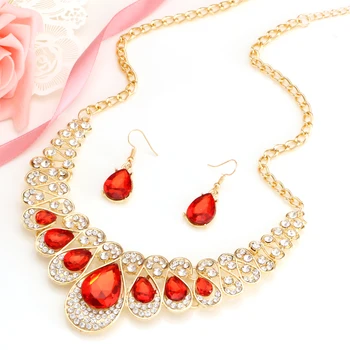 Femeile delicate nunta roșu stras de cristal cravată colier de mireasa seturi de bijuterii de aur de culoare lanț lung colier picătură cercei