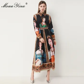 MoaaYina Designer de Moda rochie de Primavara-Toamna pentru Femei Rochie cu maneci Lungi Vintage Regina Print Nobil Rochii Elegante