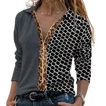 Femeie Tricouri Leopard Carouri Împletit V-Gât cu Fermoar Femei Topuri Casual Culoare Solidă Mâneci Lungi Moda Harajuku Camasi pentru Femei