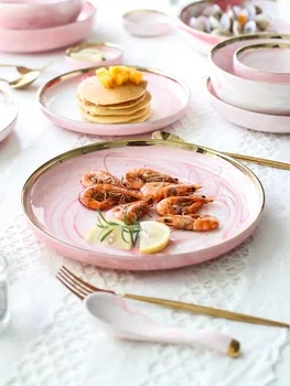 Seria marmură Roz Ceramice Set de Cină High End 9/18/26pcs fel de Mâncare de Pește Set de plăci de Supă Lingură de Salată de Orez Gratuit Betisoarele