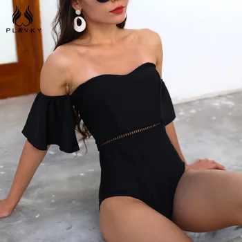 Negru-O Singură Bucată De Costume De Baie Sexy Femei Brazilieni Ciufulit De Pe Umăr Talie Mare Înota Costum De Baie Femei Body 2021 Costume De Baie Monokini