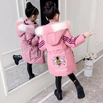 Copii jacheta pentru fete lungi de iarnă haina Palton de Culoare guler de blană cald în jos jacheta bumbac haine copii fete jacheta cu gluga
