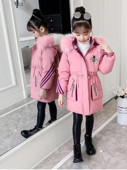 Copii jacheta pentru fete lungi de iarnă haina Palton de Culoare guler de blană cald în jos jacheta bumbac haine copii fete jacheta cu gluga