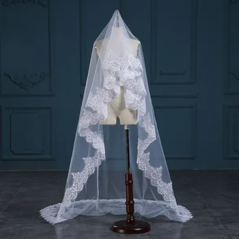 2020 imagine Reală 3 metri Unul Niveluri Dantela Lungi Elegante de Nunta Voal de Mireasa Fără Pieptene Dantelă Margine Voaluri de Nunta