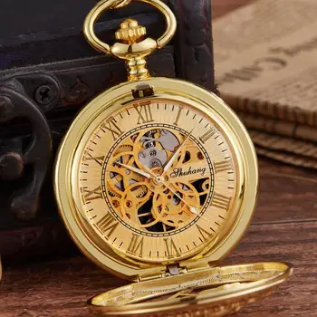 Retro Aur din Oțel Inoxidabil, Skeleton Mecanic de Buzunar Ceas pentru Bărbați FOB Lanț Top Brand de Ceasuri de Lux