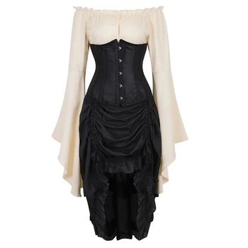Rochie corset underbust fusta top 3-piesă frontală de înaltă și joasă costum cosplay plus dimensiune corsete, bustiere burlesc vintage negru