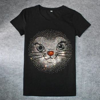 De Vânzare la cald 2018 Vara Tricouri en-Gros cu Maneci Scurte de Design pentru Femei t-shirt de Desene animate Pisica Strălucitoare Stras O-gât doamnelor femeie t-shirt