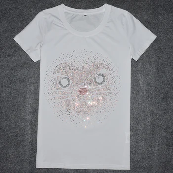 De Vânzare la cald 2018 Vara Tricouri en-Gros cu Maneci Scurte de Design pentru Femei t-shirt de Desene animate Pisica Strălucitoare Stras O-gât doamnelor femeie t-shirt