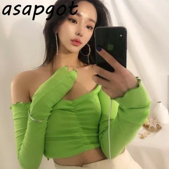 Sexy Korean Chic Vintage Verde Fluorescent Slim Fit Slash-Neck T-shirt Femei de Primăvară Nouă Tricotate Crop Top Strâmt Flexibil