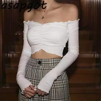 Sexy Korean Chic Vintage Verde Fluorescent Slim Fit Slash-Neck T-shirt Femei de Primăvară Nouă Tricotate Crop Top Strâmt Flexibil