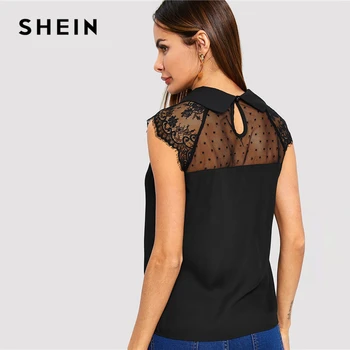 SHEIN Negru ochiurilor de Plasă și Dantelă Introduce Shell Top Rever Solid Bluza Casual, fără Mâneci Femeile Simplu Vară haine de Lucru Topuri si Bluze