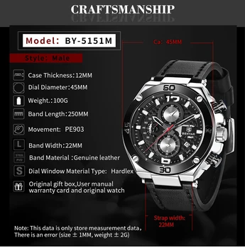 BENYAR Top Brand de Lux 45mm Ceas Barbati Cronograf Analog Cuarț Încheietura Ceas din piele Trupa Ceas Auto Data