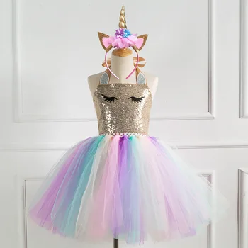 2-12 ani Fata noutate drăguț rochie de seară copil Unicorn Cosplay Catwalk Rochie Curcubeu de culori Îmbinate Elasticitatea personalitate rochie