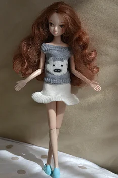 Pulover gri + fusta alba,Nou 2016 Lână Țese Tricot Scame Pulover de Iarna Purta Haine Tinuta Set Haine Pentru Kurhn Papusa Barbie