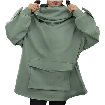 Drăguț Broasca Hanorac Femei Mid-Lungime Verde Periat Hoody Femei Creativ de Cusut Design Drăguț Broasca Pulover Buzunar Sweatershirt