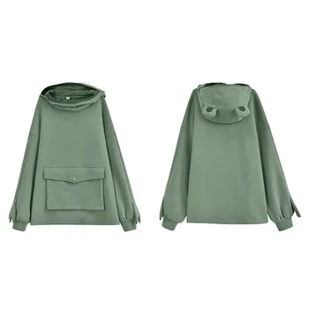 Drăguț Broasca Hanorac Femei Mid-Lungime Verde Periat Hoody Femei Creativ de Cusut Design Drăguț Broasca Pulover Buzunar Sweatershirt