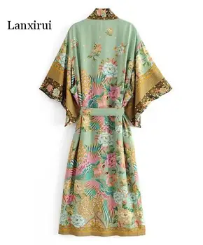 Boem V gât Păun Floare de Imprimare Mult Kimono Tricou Etnice Nou Siret Cu Eșarfe Cardigan Lung Bluza Vrac Topuri femme