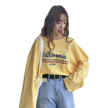 T-shirt Femme coreean Ulzzang Harajuku Casual Litere Tipărite Maneca Lunga T-shirt Pentru Femei Vrac O-neck Tricou Galben Topuri