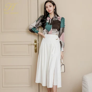 H Han Regina Toamna 2 Bucati Set Femeile Imprimare Tricouri Bluze cu Talie Înaltă Split-O-linie Mijlocul Fuste coreean de Birou Elegant Lady Costum