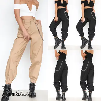 De vânzare la cald casual cu talie înaltă Nou Mozaic Femei Pantaloni Cargo Pantaloni Solid Punk Pierde Pantaloni Sport Lungi Cu Lant plus dimensiune