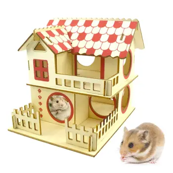 Hamster din Lemn Ascunzătoarea Hut Animale Mici Dublu Strat Villa Șobolan de Casă Cameră Cușcă Exercițiu Jucărie cu Scara de Bord Accesorii C42
