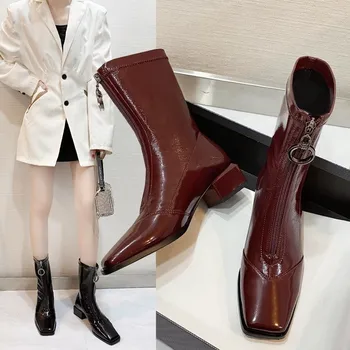 Femei pantofi roșu Net cizme scurte femei, toc gros 2020 nou brevet piele toc cizme de deget de la picior pătrat 2020 cizme femei