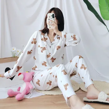 Tricot de bumbac pijama seturi pentru femei Toamna primavara Coreea de Desene animate drăguț maneca lunga calitate pijamale femei, pijamale