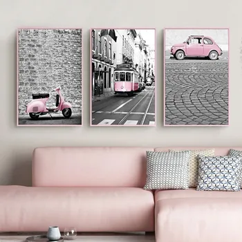 SIGUR de VIAȚĂ Oraș Modern Peisaj Roz Auto Poster Pânză Tiparituri Arta de Perete Picturi Imagini Living Decoratiuni Acasă