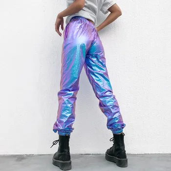 Waatfaak Laser Reflectorizante Hip Hop Pantaloni Femei De Înaltă Talie Pantaloni Harem Streetwear Violet Glezna-Lungime Pantaloni Femei Capri 2019