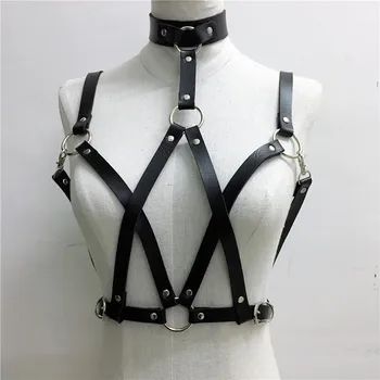 2019 Fierbinte De Piele Neagră Jartiera Set Goth Lenjerie Sexy Bretele Curele De Picior Cablajului Clubwear Nit De Metal Corp Robie Utilaje