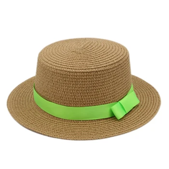 Mistdawn Femei Vara Paie Luntraș Pălărie De Marinar Doamnelor Bowler Plaja Soare Capac De Vârf Plat Panglica Verde