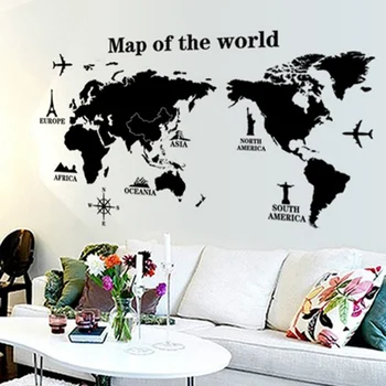 Dimensiune mare Hartă a Lumii Autocolante de Perete Negru pe Harta Lumii Home Decor pentru Camera Copii Dormitoare Călătorie Avion Decalcomanii de Perete