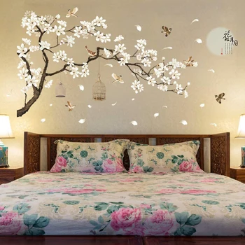 187 * 128cm Dimensiuni Mari Autocolante de Perete Copac cu Flori Pasăre Image Home Decor fundal pentru Dormitor DIY Cameră Decor Tapet PVC
