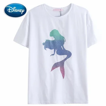 Disney Moda Chic Gradient Mica Sirena Ariel Desene Animate Print Dulce Femei T-Shirt O-Gat Maneci Scurte Din Bumbac Tricou Alb De Sus