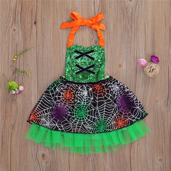 2020 Moda Stil Halloween Copii Fete Ștreangul De Gât Romper Rochie Paiete Dantelă Imprimare Fără Mâneci Jumpuits Petrecere Tutu Sundress
