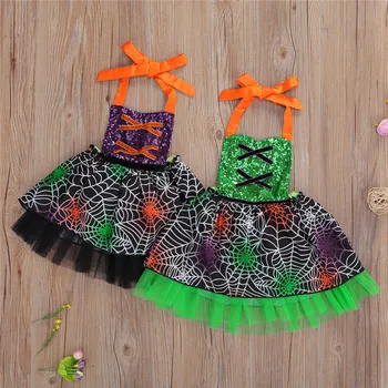 2020 Moda Stil Halloween Copii Fete Ștreangul De Gât Romper Rochie Paiete Dantelă Imprimare Fără Mâneci Jumpuits Petrecere Tutu Sundress